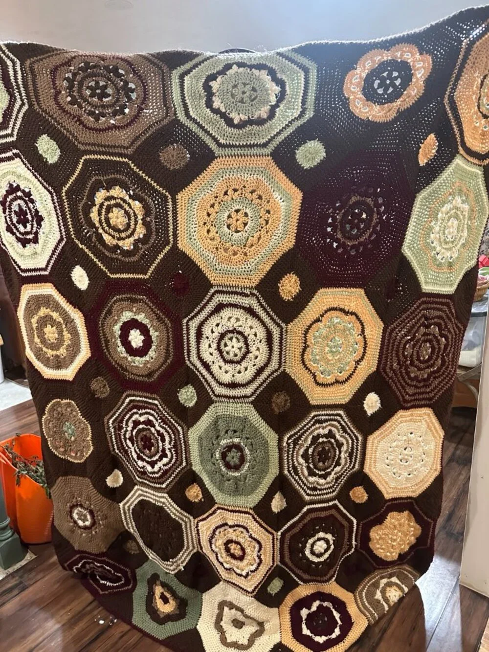 Vintage Handmade Crochet Afghan Blanket 66x81 Earth Tone Floral Boho Grannycore